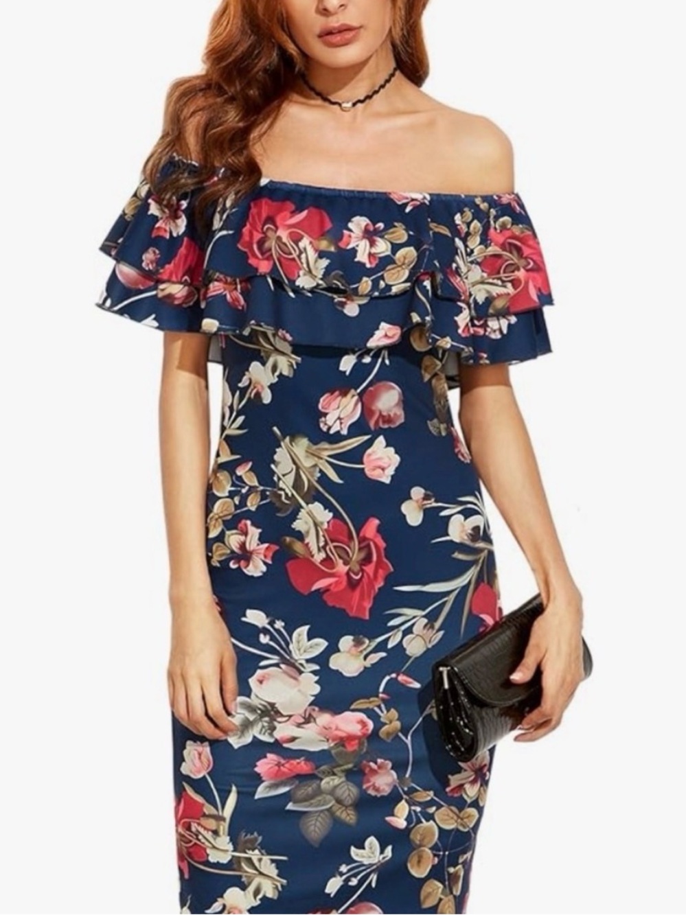 Floerns Women's Floral Ruffle Off Shoulder Party Sexy Bodycon Dress Navy L